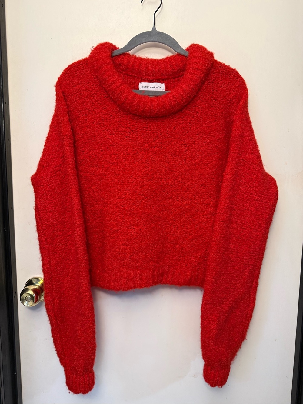 Something Navy Bright Red Bouclé Turtleneck Sweater